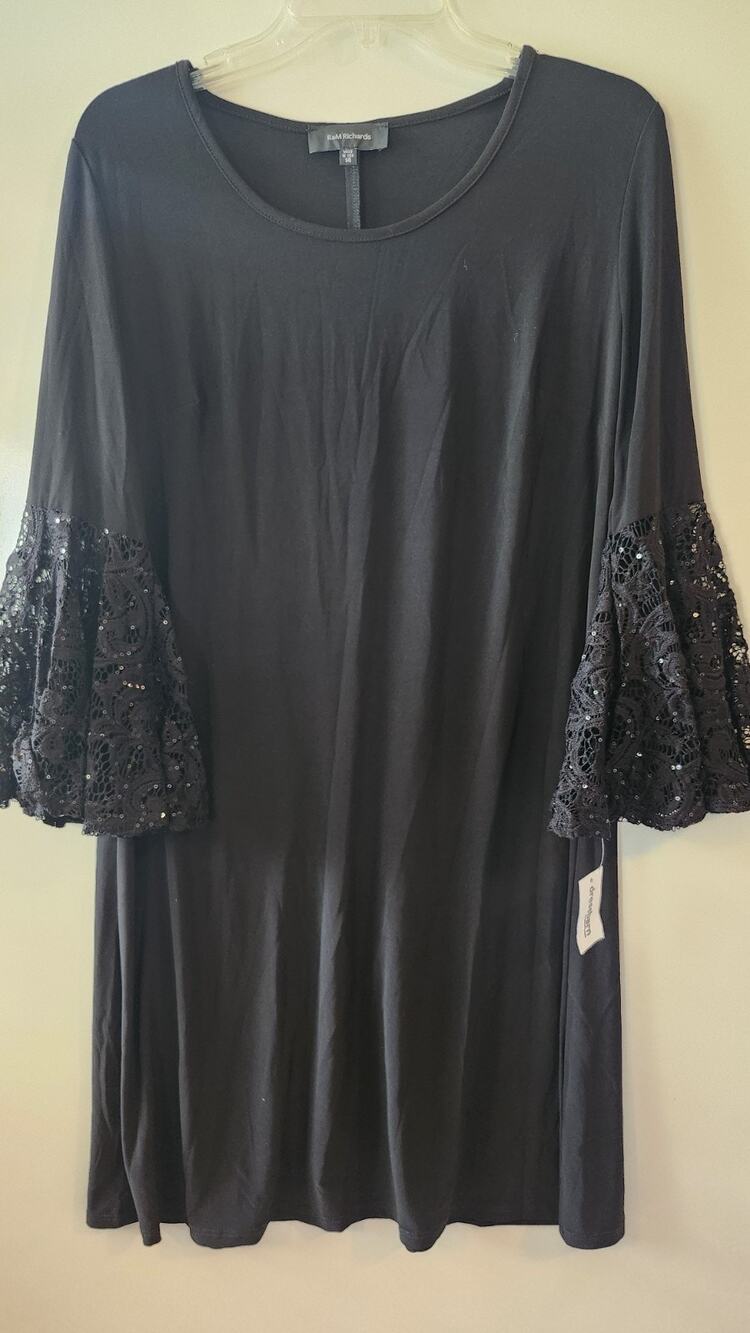 NWT R&M Richards Black Bell Sleeve Shift Dress Sequin Dressbarn Size 14 USA #249